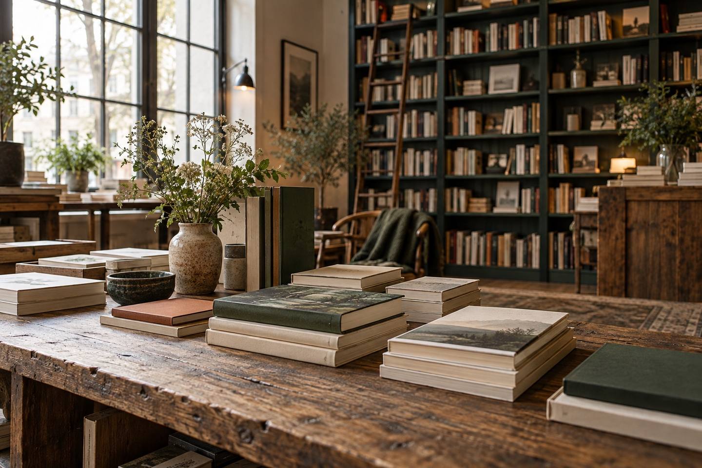 Unbranded books arranged on a wooden table in a quiet bookshop