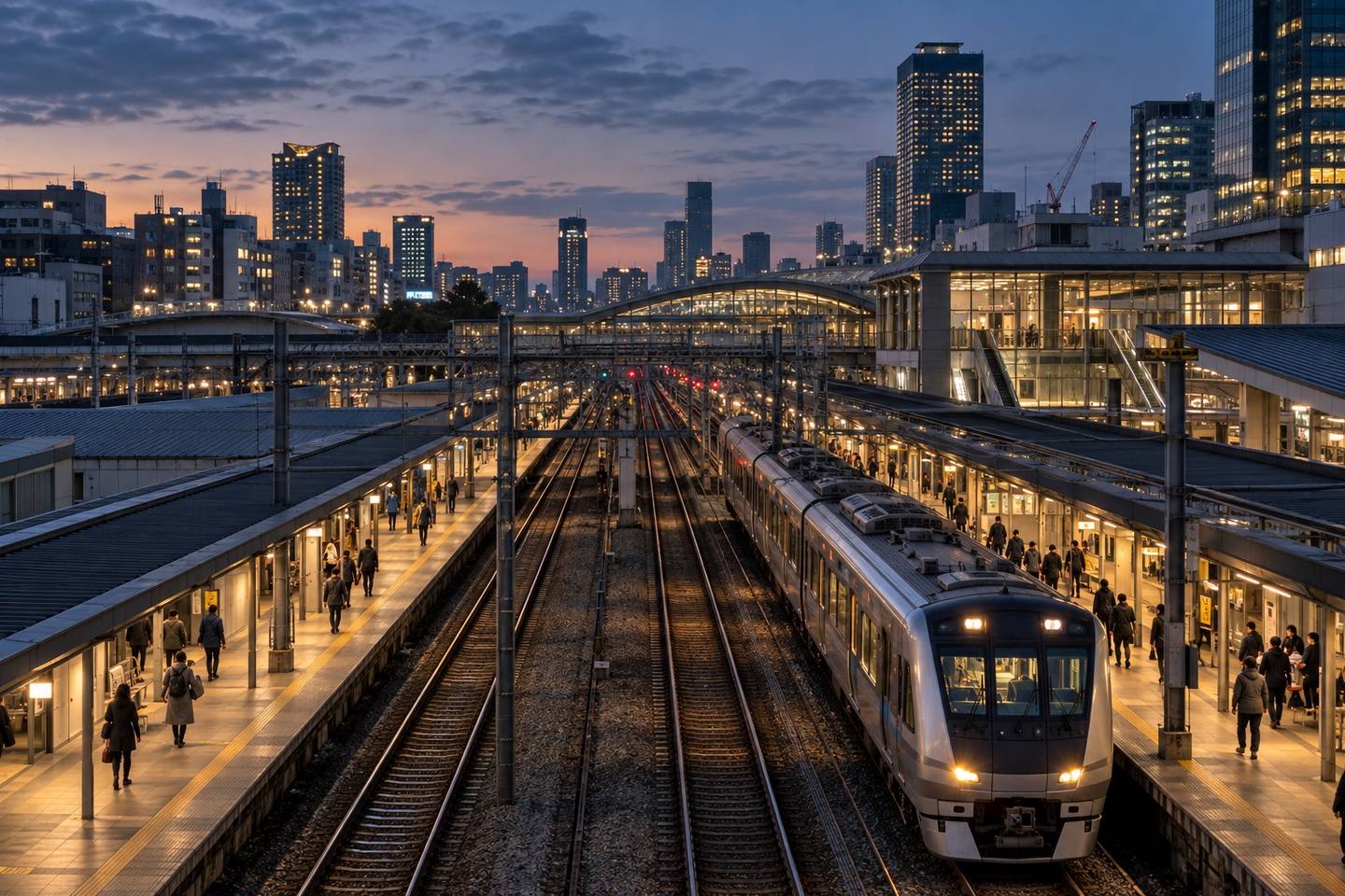 A commuter train arriving at an illuminated city interchange at dusk