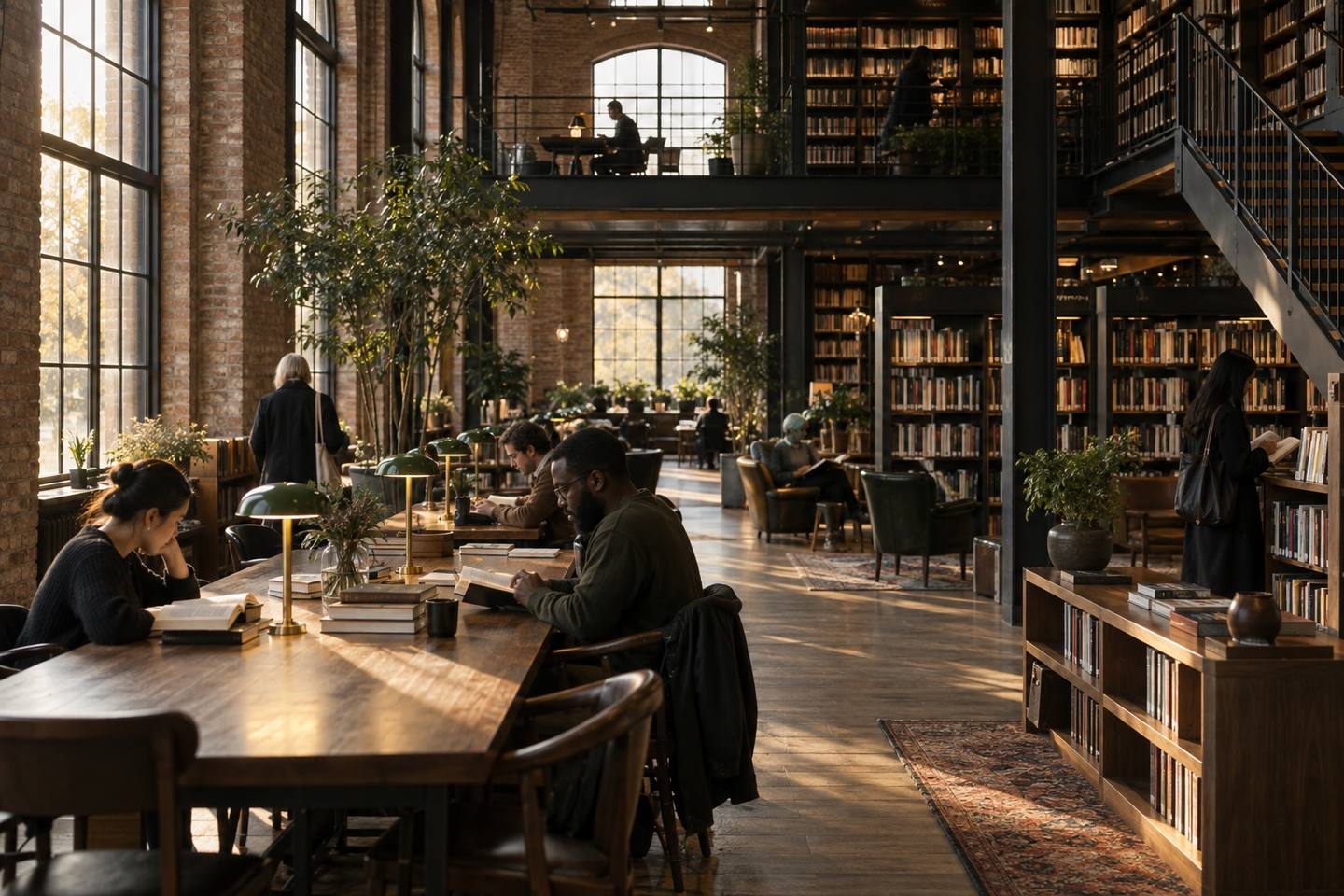 A public reading room with bookshelves and generous natural light
