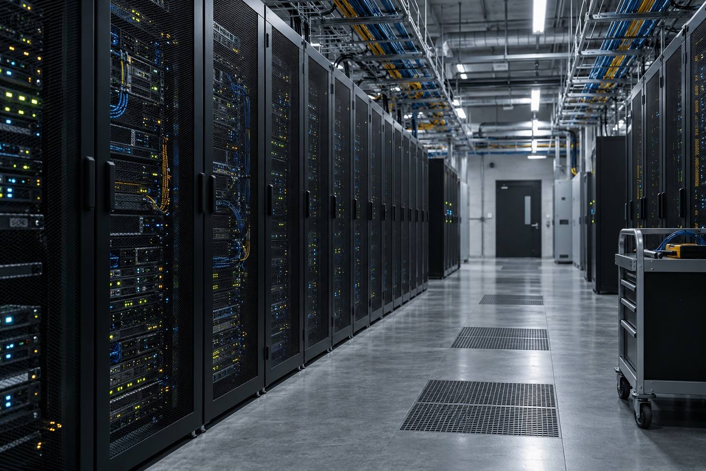 Equipment cabinets and cable trays in an illustrative data centre
